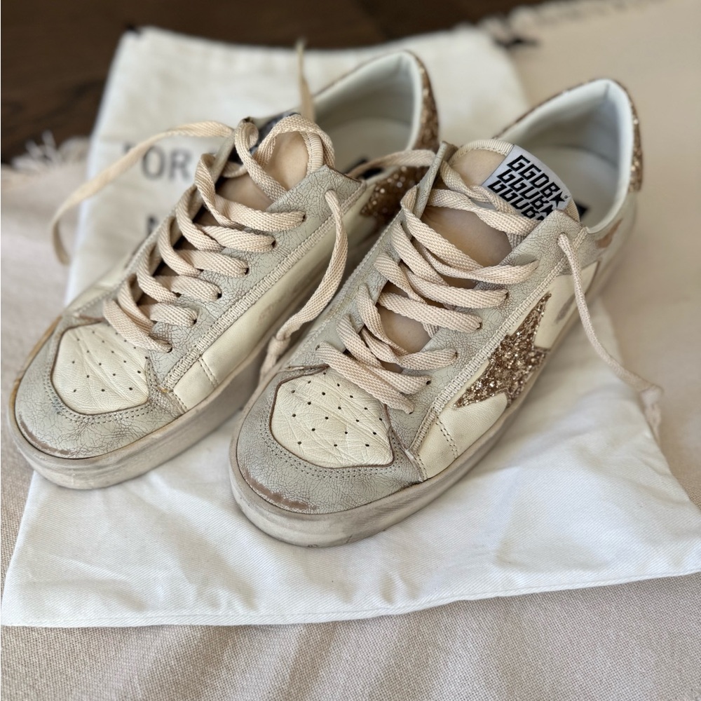 Golden Goose Cream and Gold Glitter Sneakers